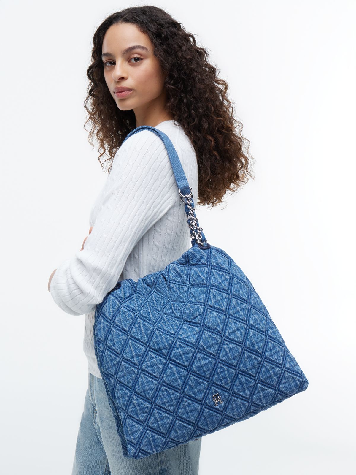 TH Monogram Quilted Denim Tote Bag — Blue