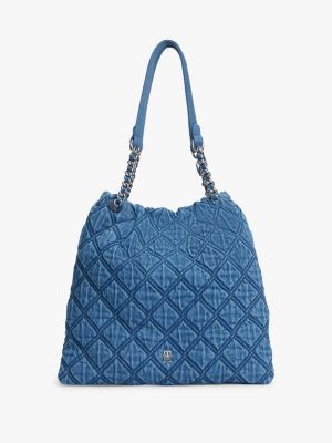 blue th monogram quilted denim tote bag for women tommy hilfiger