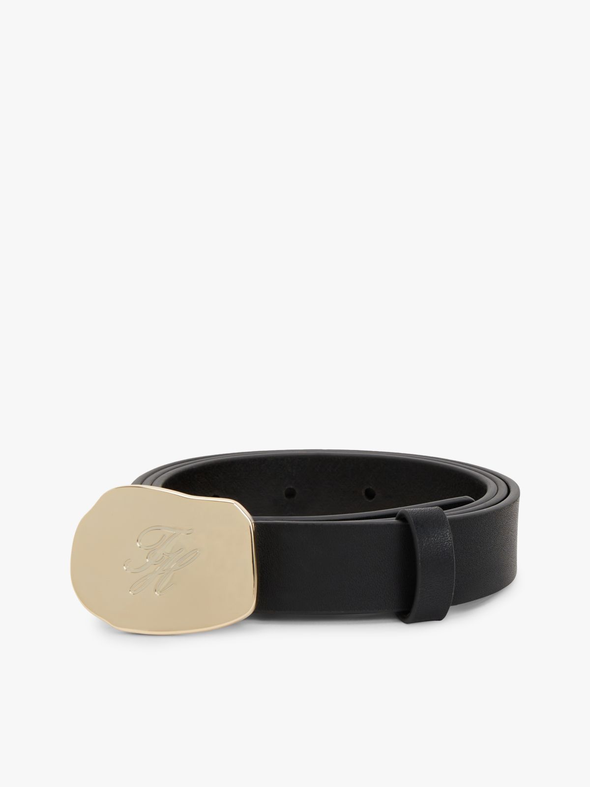 Logo Abstract Plaque Buckle Leather Belt — Black