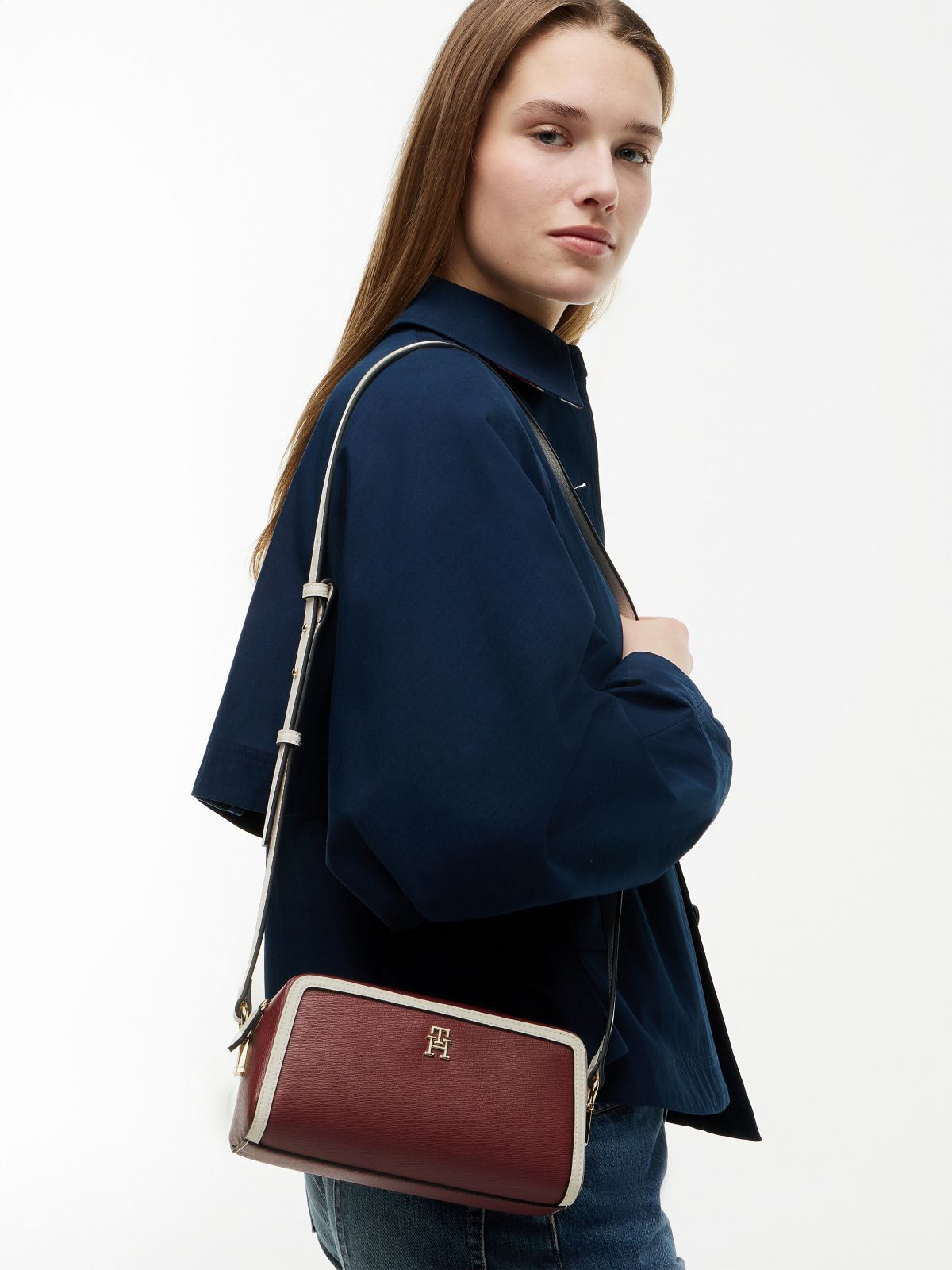 Colour-Blocked TH Monogram Crossbody Camera Bag — Burgundy