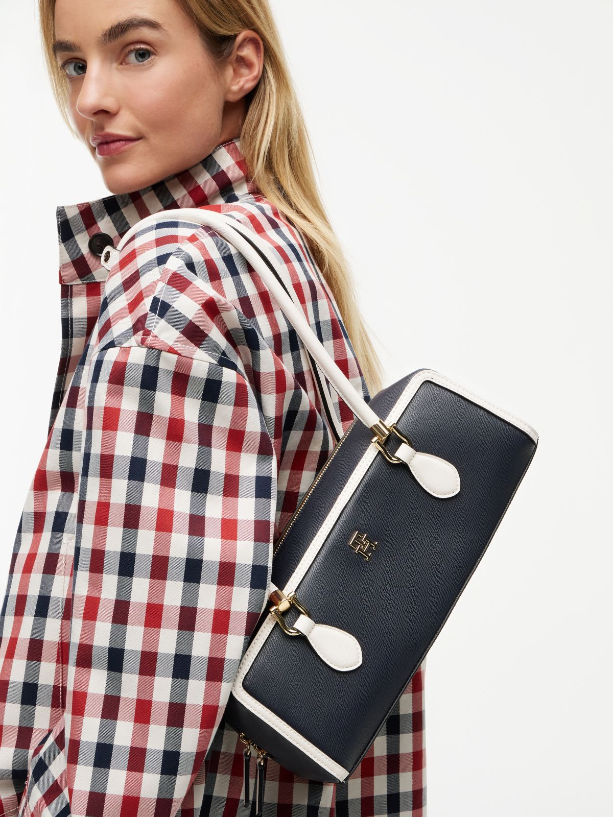 Colour-Blocked Rectangular Shoulder Bag — Blue