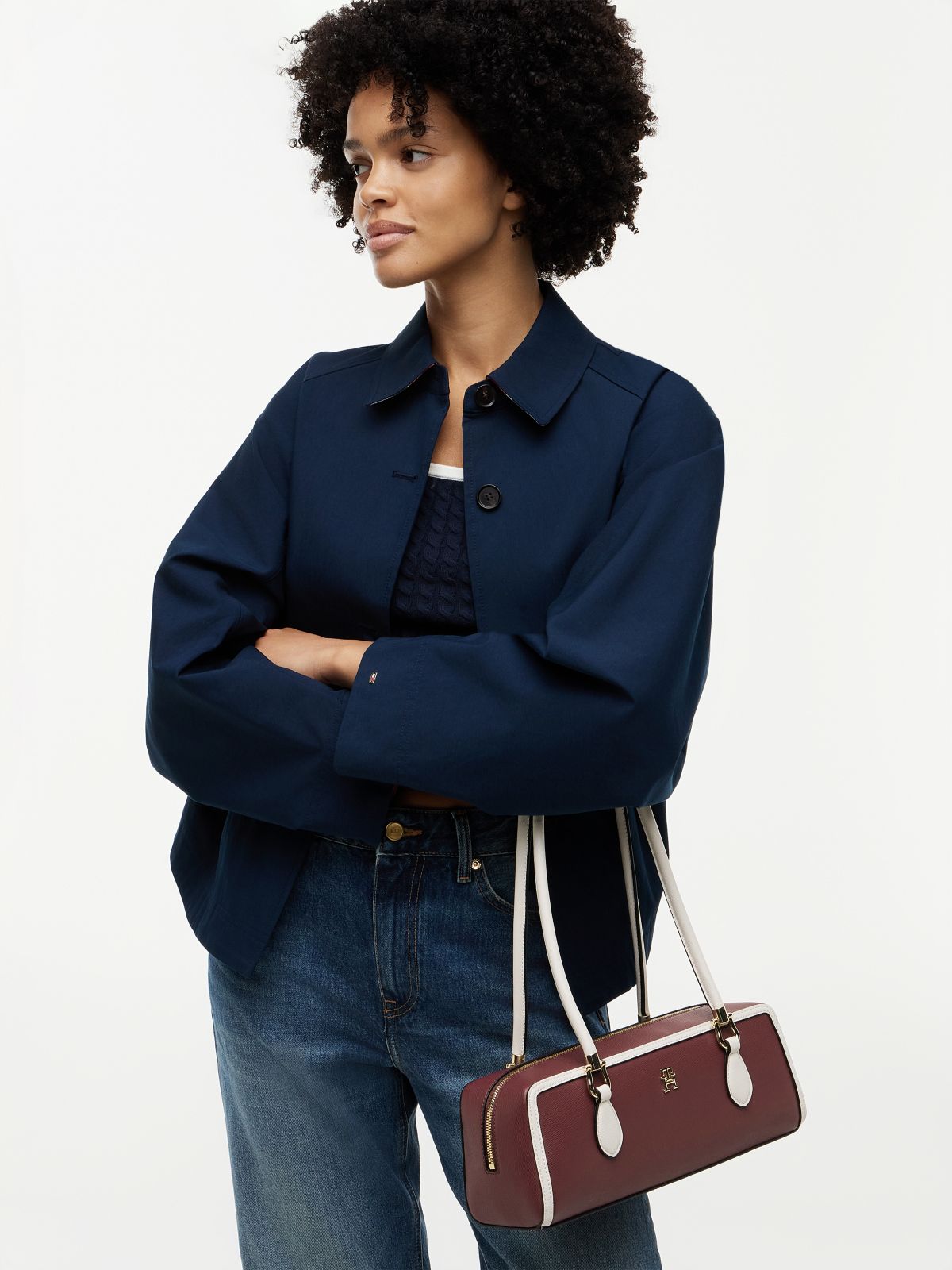 Colour-Blocked Rectangular Shoulder Bag — Burgundy