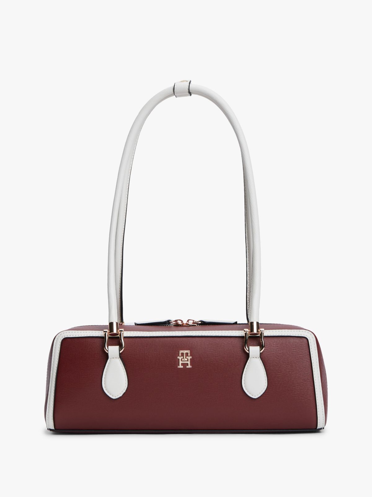 Colour-Blocked Rectangular Shoulder Bag — Burgundy