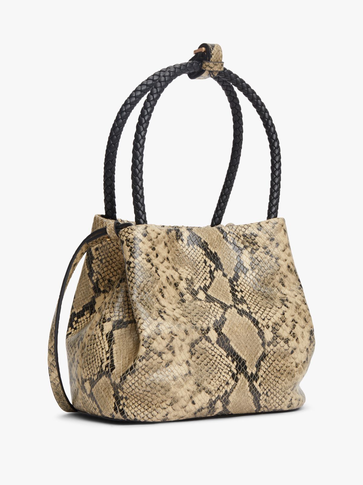 Convertible Snake Print Leather Bucket Bag — Beige