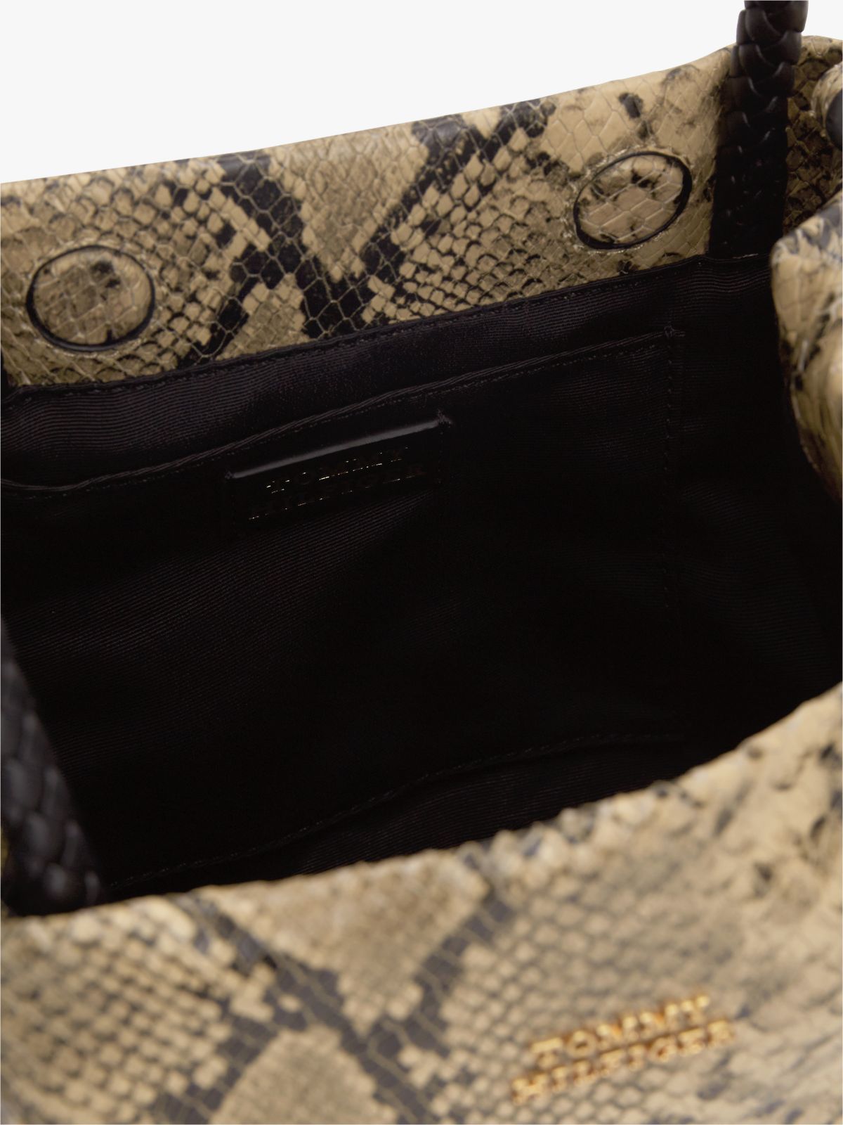 Convertible Snake Print Leather Bucket Bag — Beige
