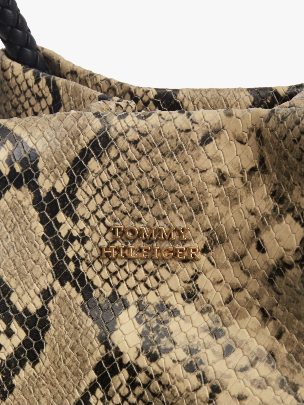 Convertible Snake Print Leather Bucket Bag — Beige