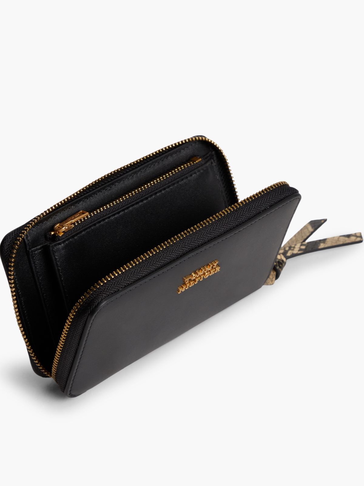 Leather Metal Logo Zip-Around Wallet — Black