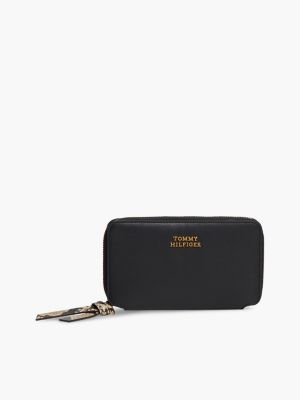 black leather metal logo zip-around wallet for women tommy hilfiger