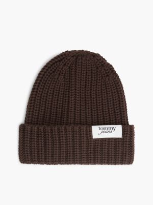 brown chunky rib-knit logo beanie for women tommy jeans