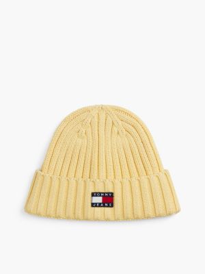yellow heritage logo rib-knit beanie for women tommy jeans