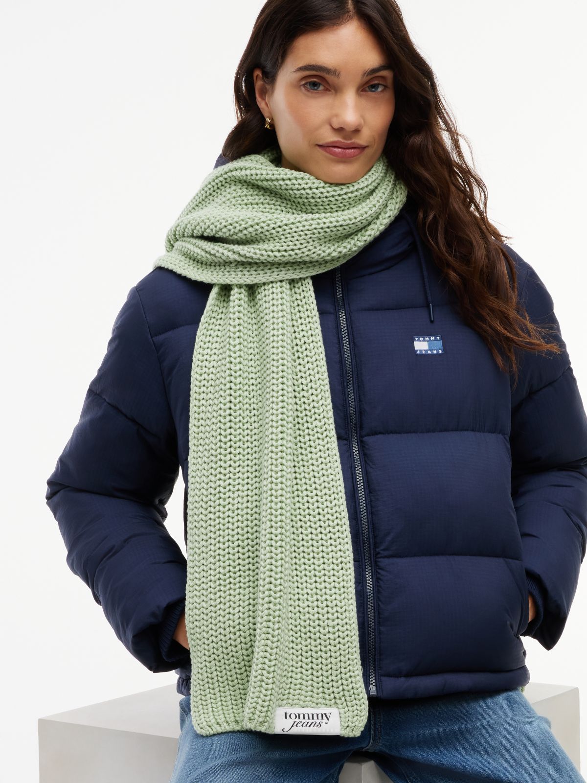 Logo Label Chunky Rib-Knit Scarf — Green