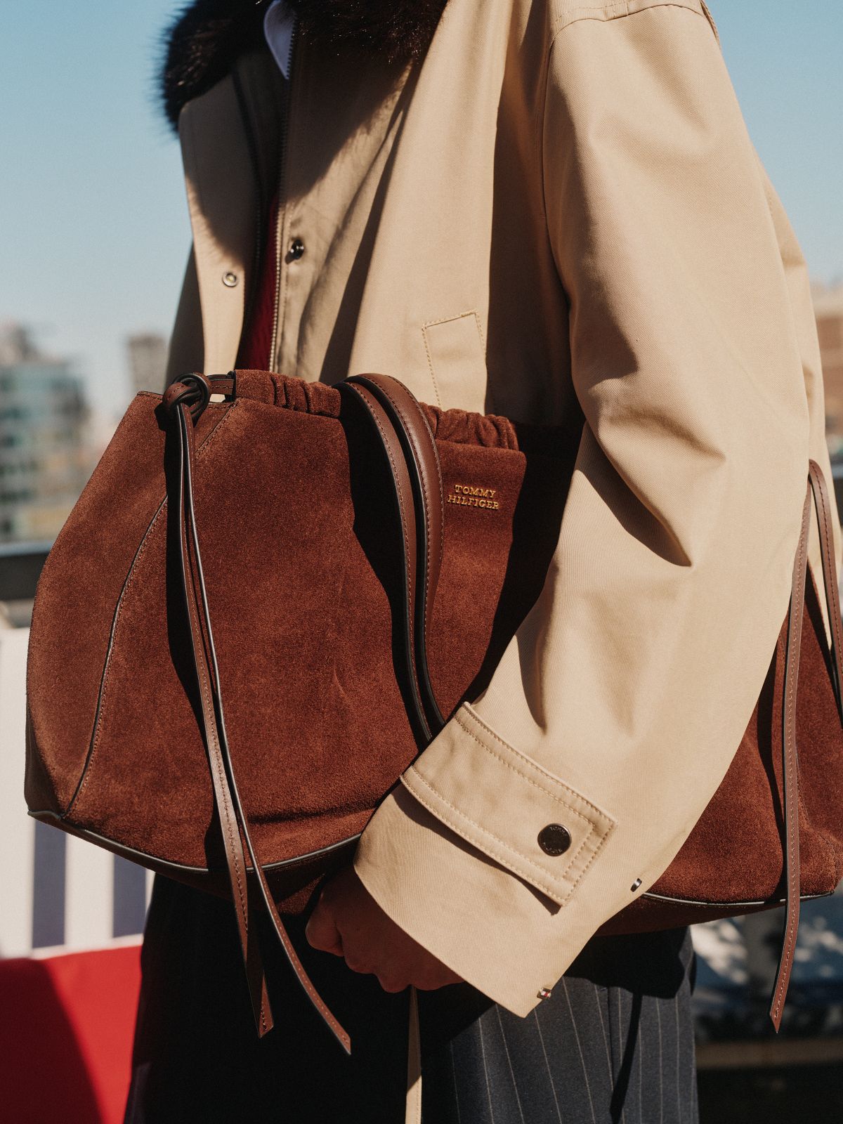 Soft Suede Contrast Piping Hobo Bag — Brown