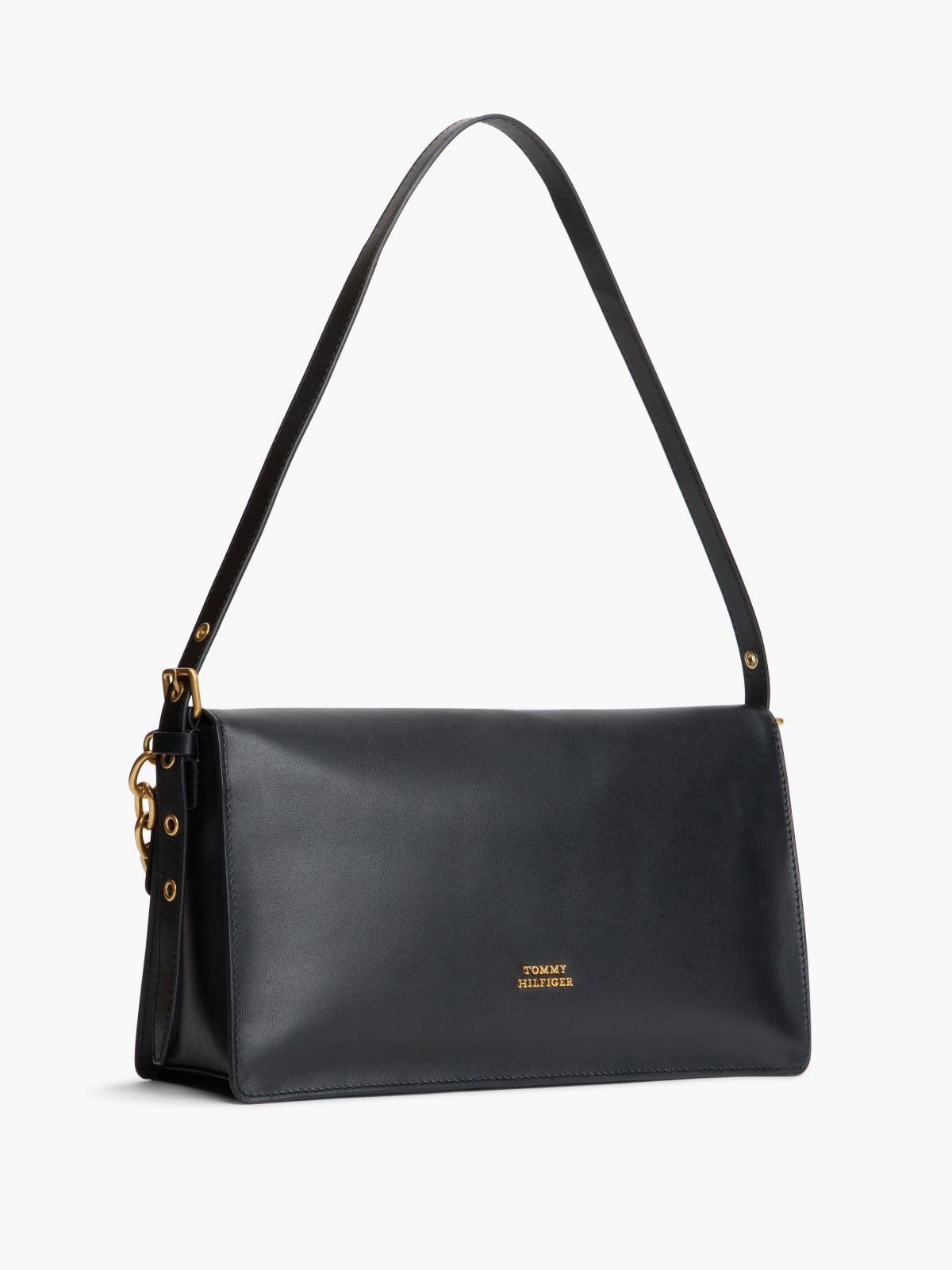 Leather Chain Charm Shoulder Bag — Black