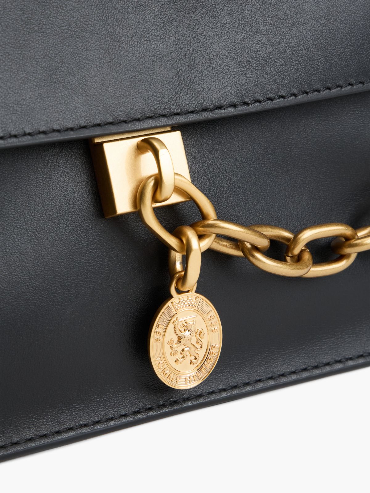 Leather Chain Charm Shoulder Bag — Black
