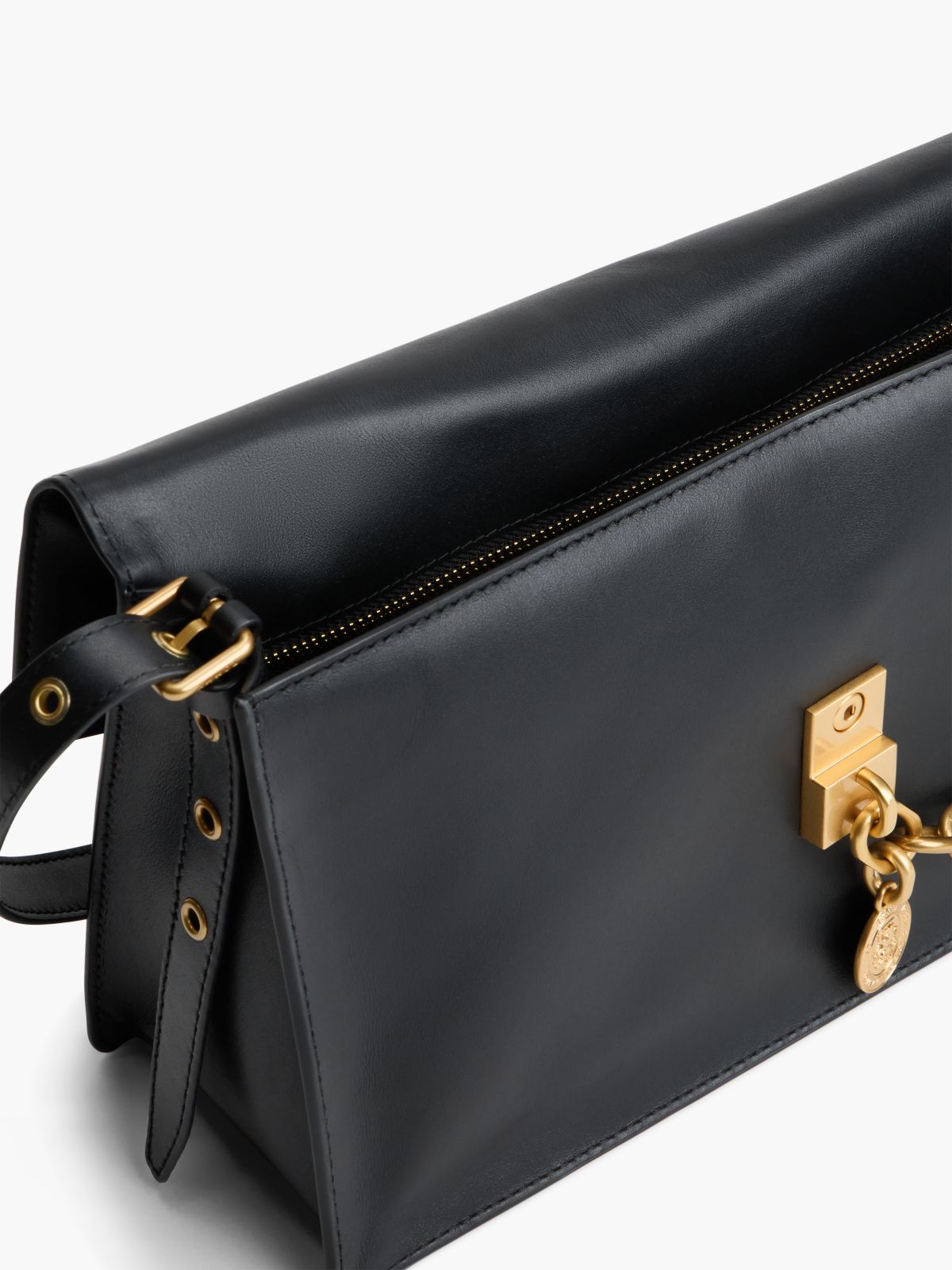 Leather Chain Charm Shoulder Bag — Black