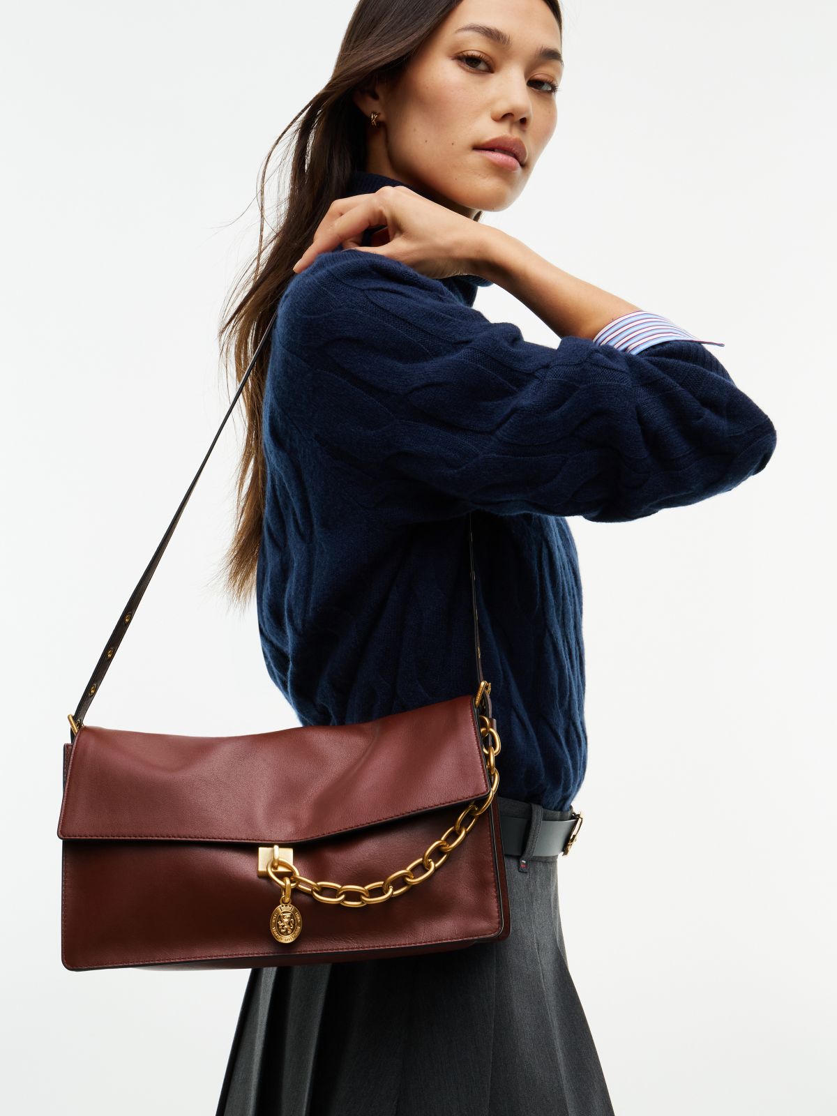 Leather Chain Charm Shoulder Bag — Red