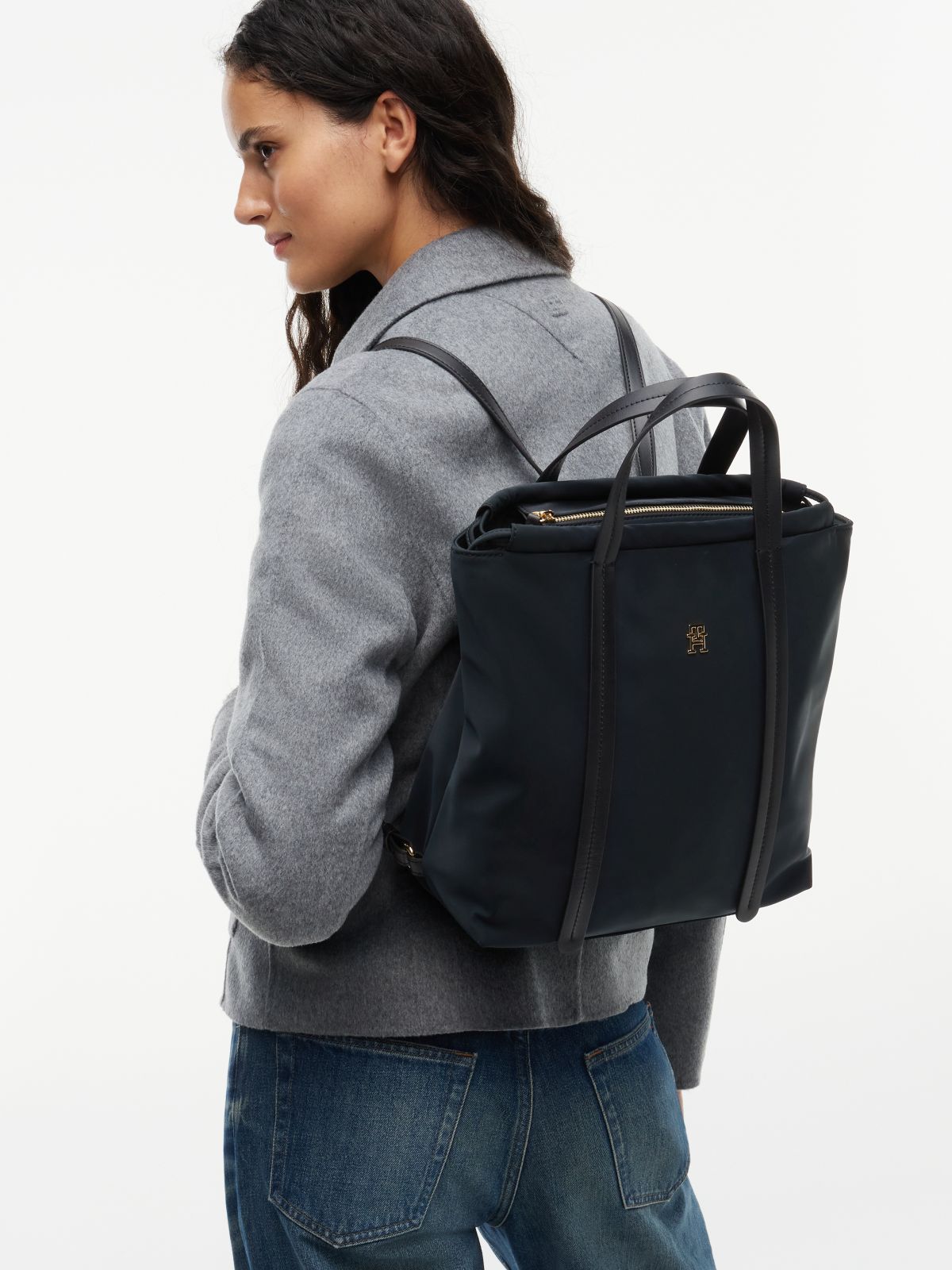 TH Monogram Convertible Tote Bag Backpack — Black