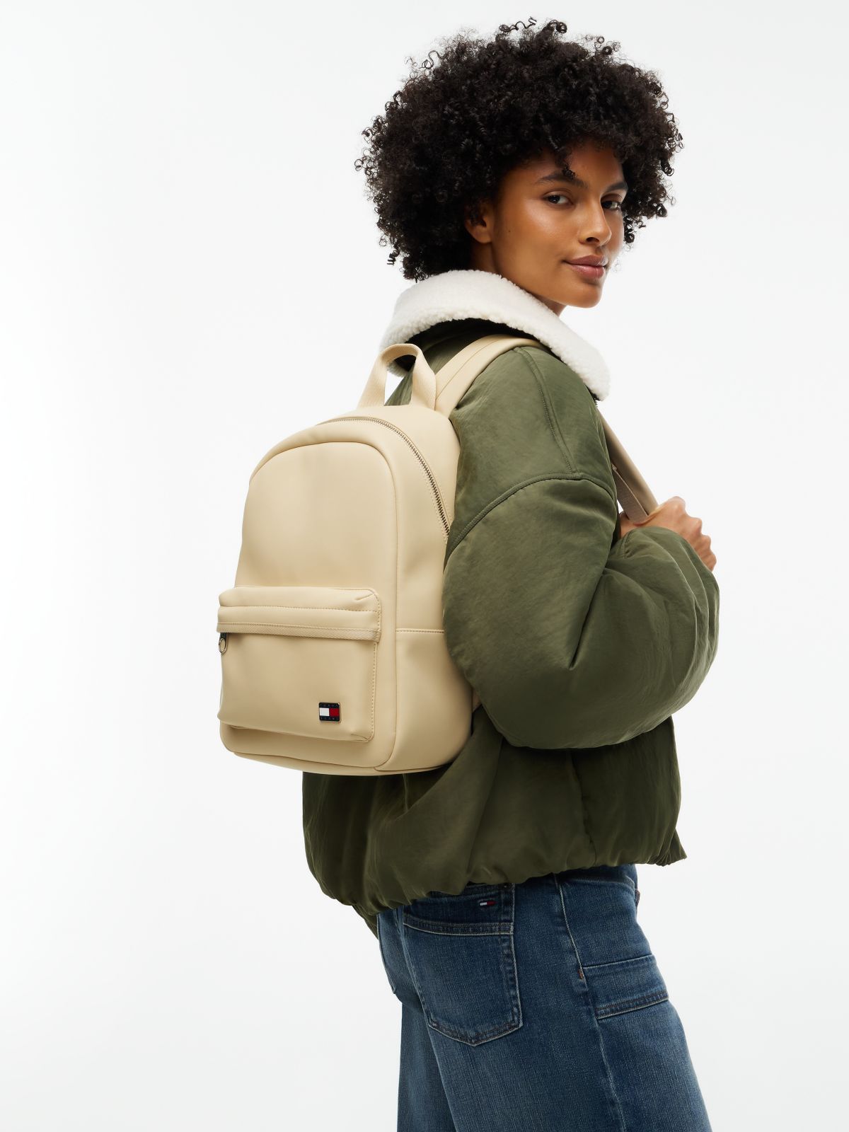 Essential Logo Plaque Dome Backpack — Beige
