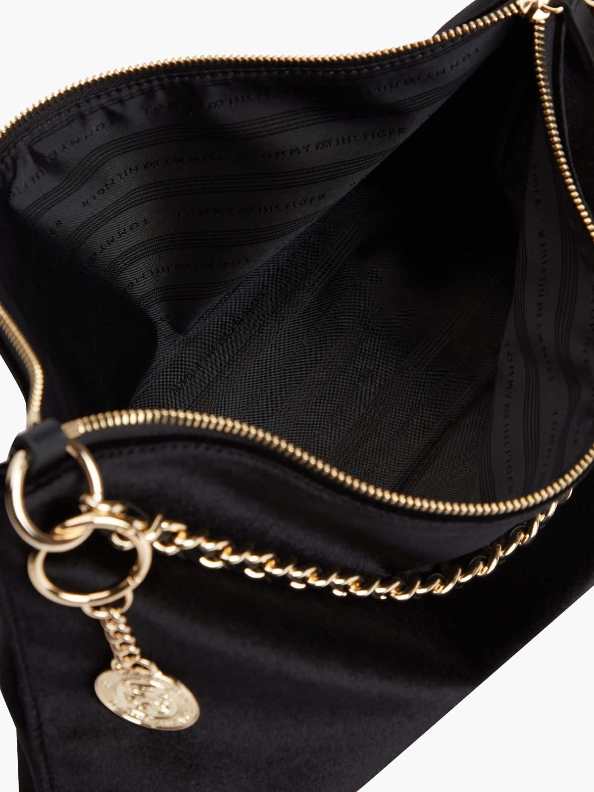 Chain Strap Charm Velvet Bag — Black