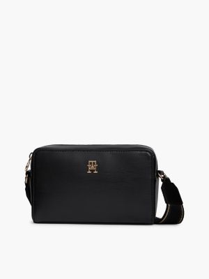 black crossbody-cameratas met repeat-logo op de band voor dames - tommy hilfiger