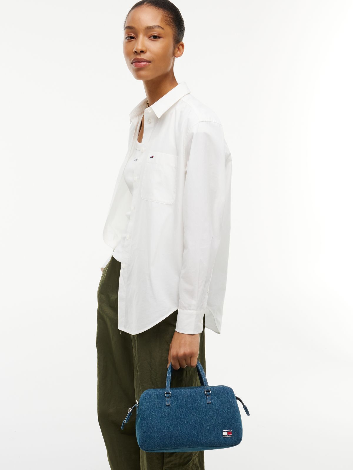 Logo Plaque Denim Crossbody Tote Bag — Denim
