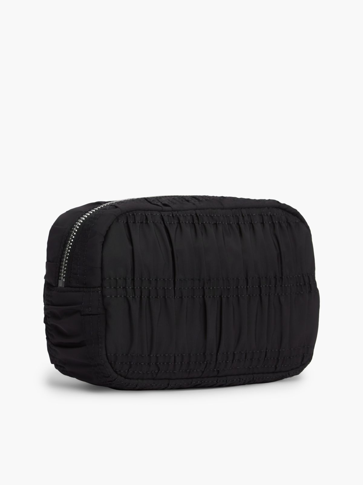 Logo Plaque Ruched Washbag — Black
