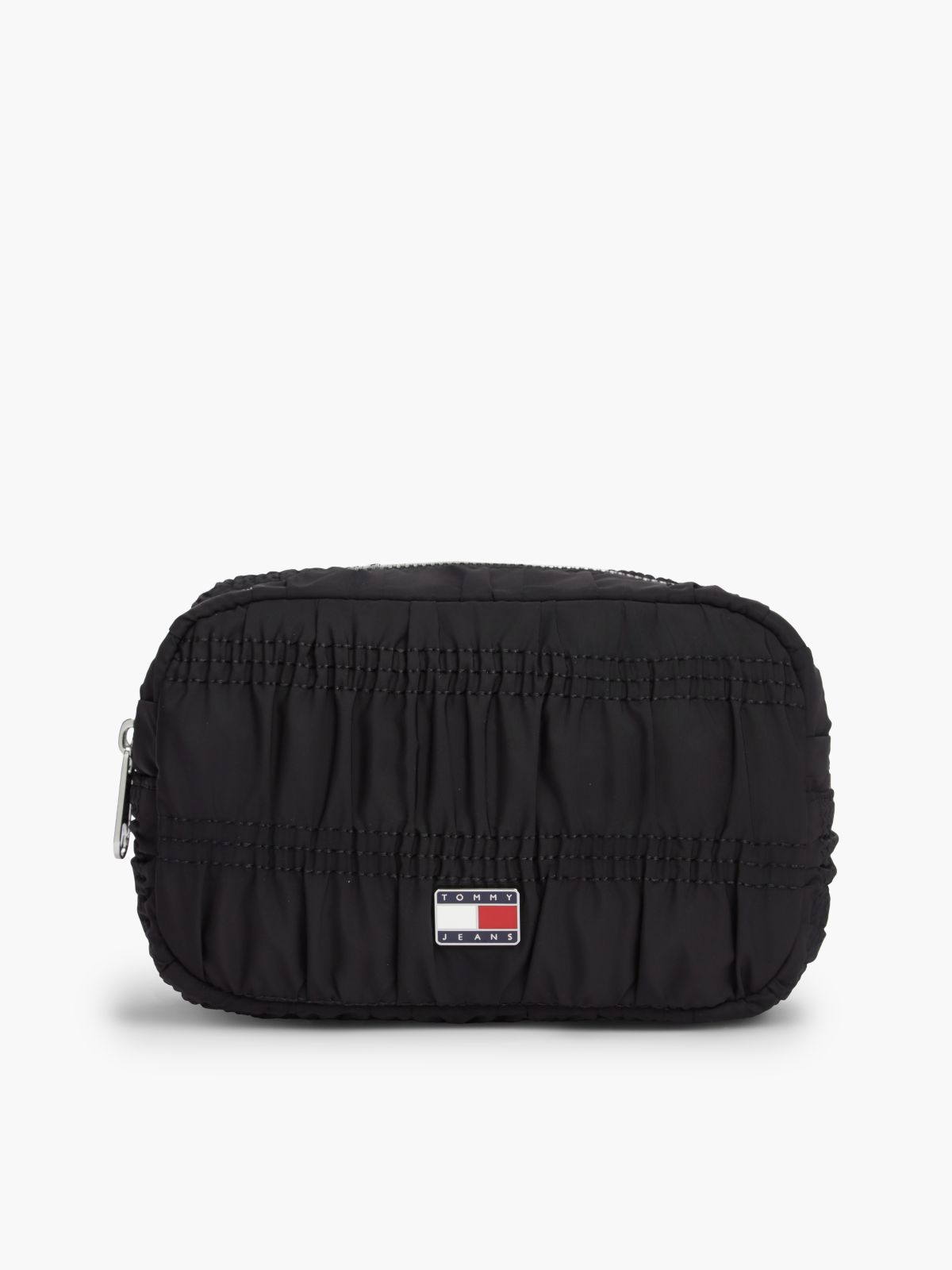 Logo Plaque Ruched Washbag — Black