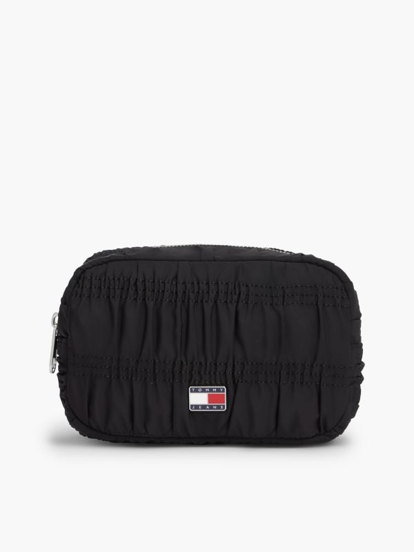 Logo Plaque Ruched Washbag — Black