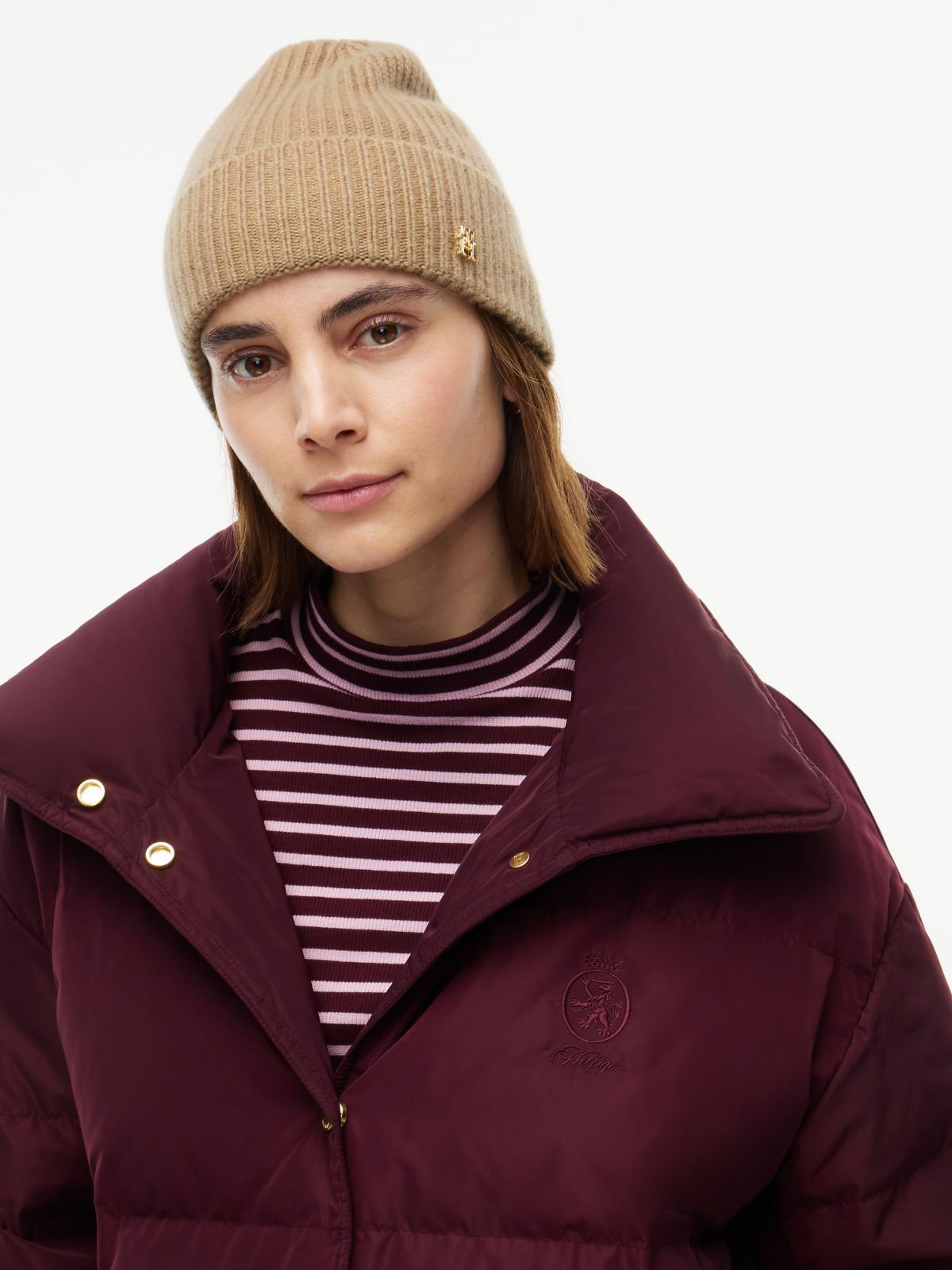 Pure Cashmere TH Monogram Plaque Beanie — Beige