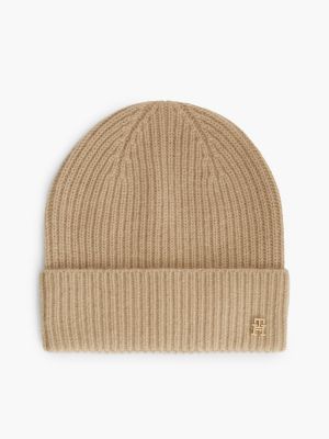 beige pure cashmere th monogram plaque beanie for women tommy hilfiger