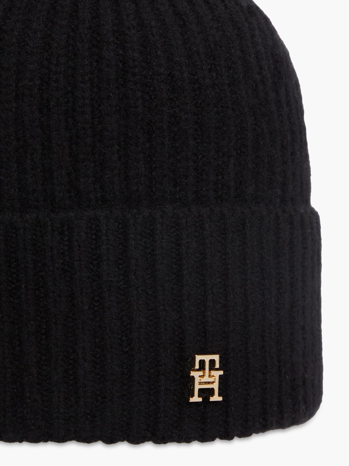 Pure Cashmere TH Monogram Plaque Beanie — Black