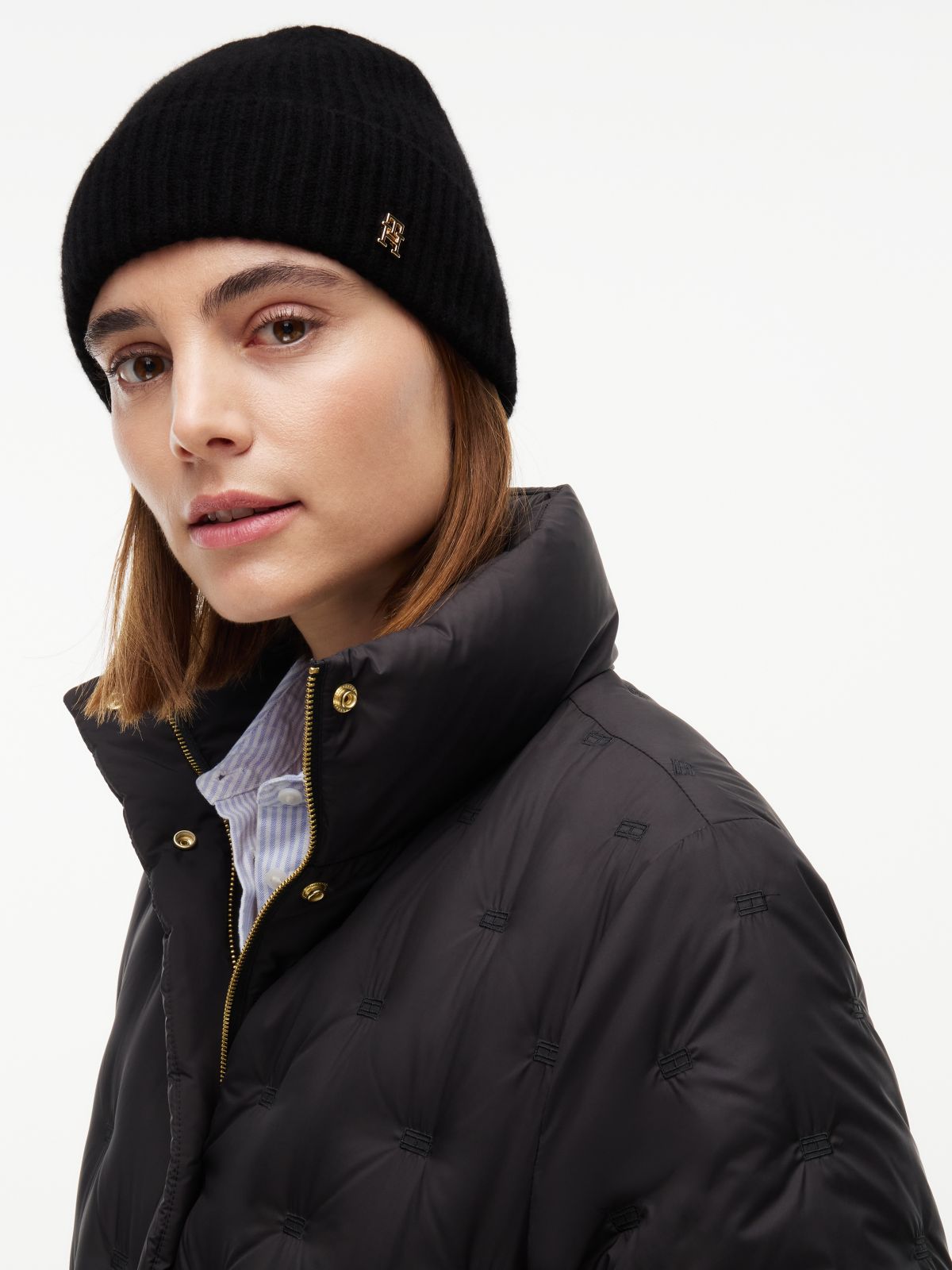 Pure Cashmere TH Monogram Plaque Beanie — Black