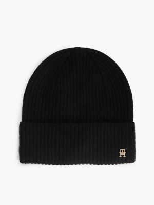 black pure cashmere th monogram plaque beanie for women tommy hilfiger