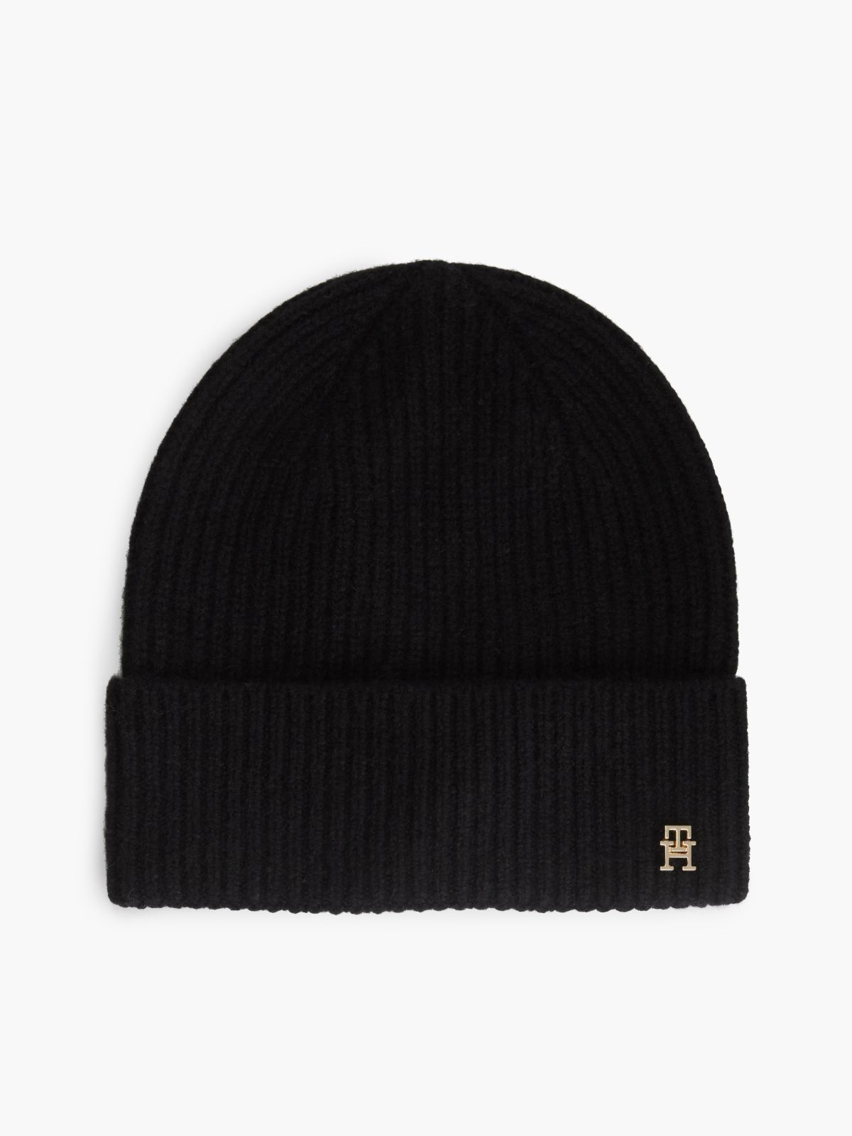 Pure Cashmere TH Monogram Plaque Beanie — Black