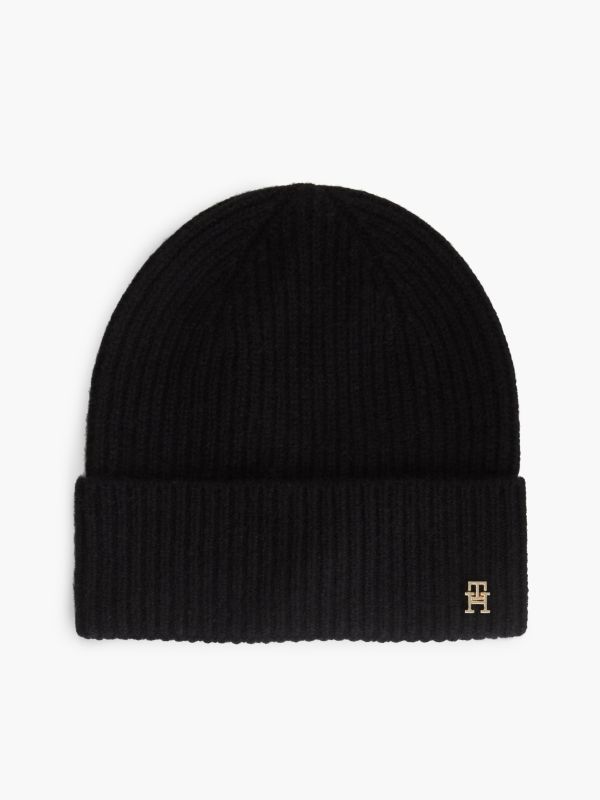 Pure Cashmere TH Monogram Plaque Beanie — Black