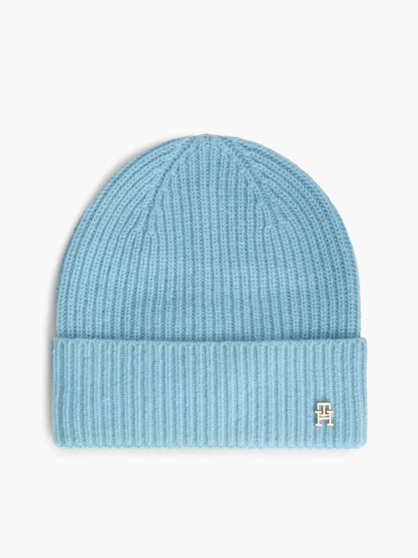 Pure Cashmere TH Monogram Plaque Beanie — Blue
