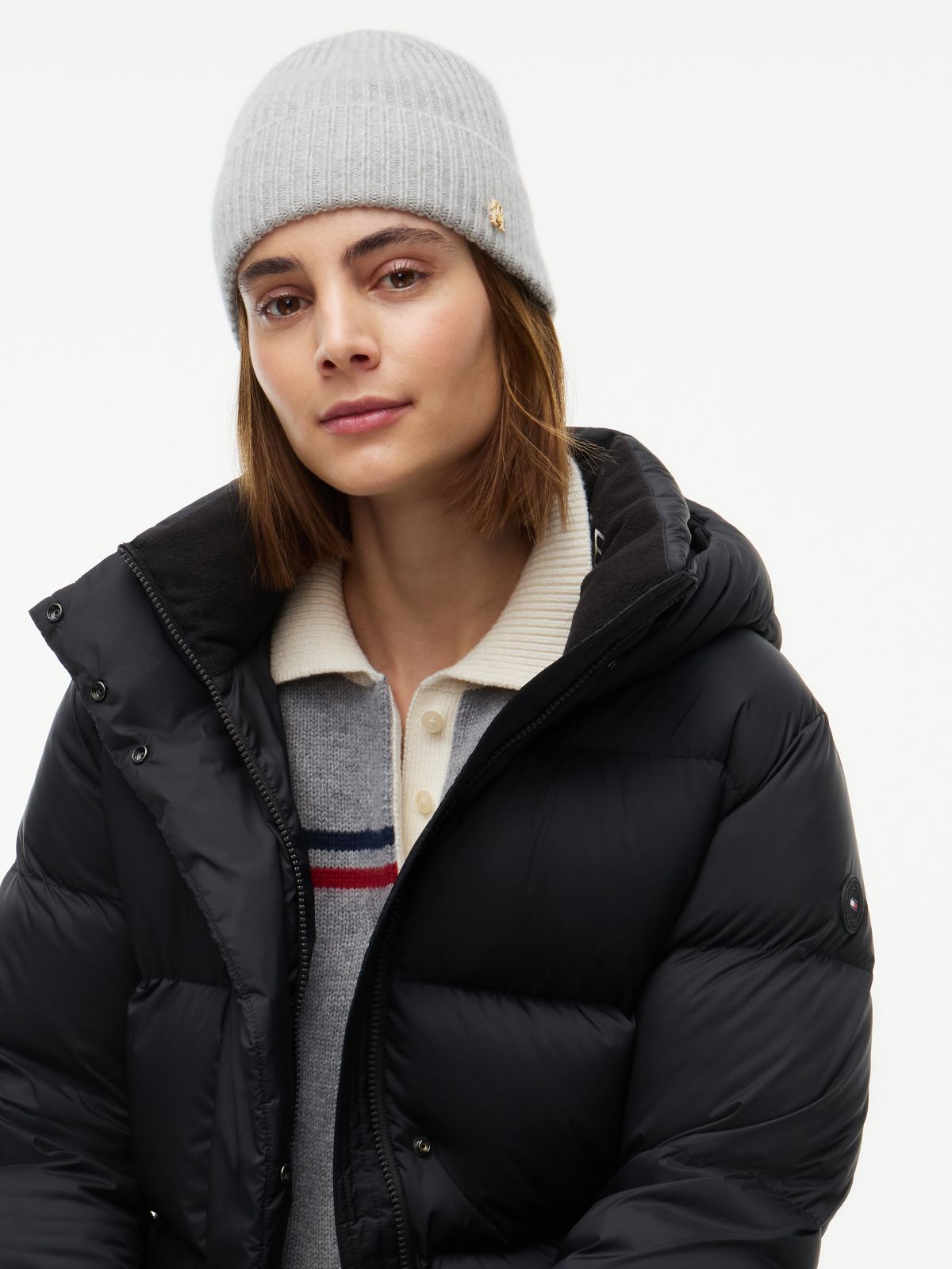 Pure Cashmere TH Monogram Plaque Beanie — Grey