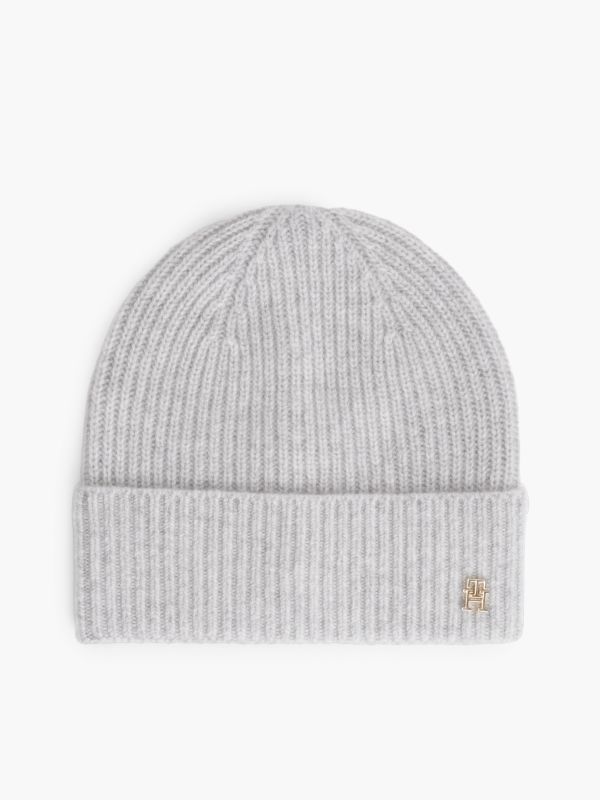 Pure Cashmere TH Monogram Plaque Beanie — Grey