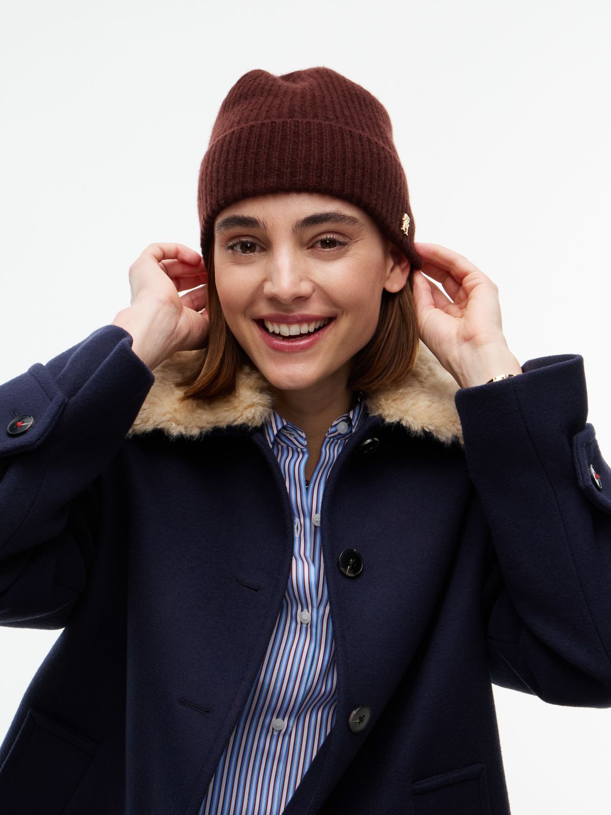 Pure Cashmere TH Monogram Plaque Beanie — Red