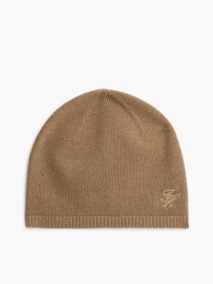 khaki logo embroidery cashmere blend beanie for women tommy hilfiger