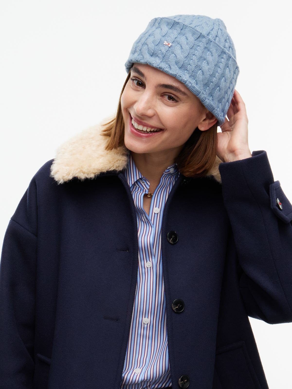 Flag Cable Knit Beanie With Alpaca — Blue