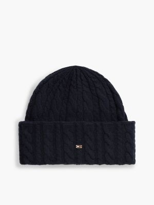 blue beanie mit alpakawolle und zopfmuster für damen - tommy hilfiger