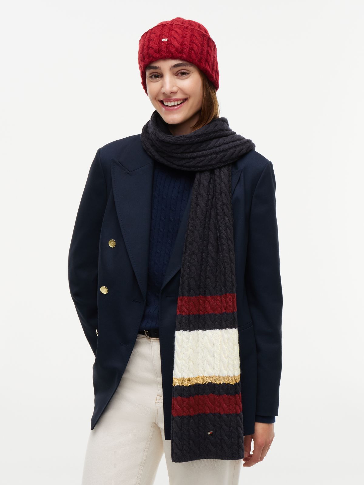Flag Cable Knit Scarf With Alpaca — Blue