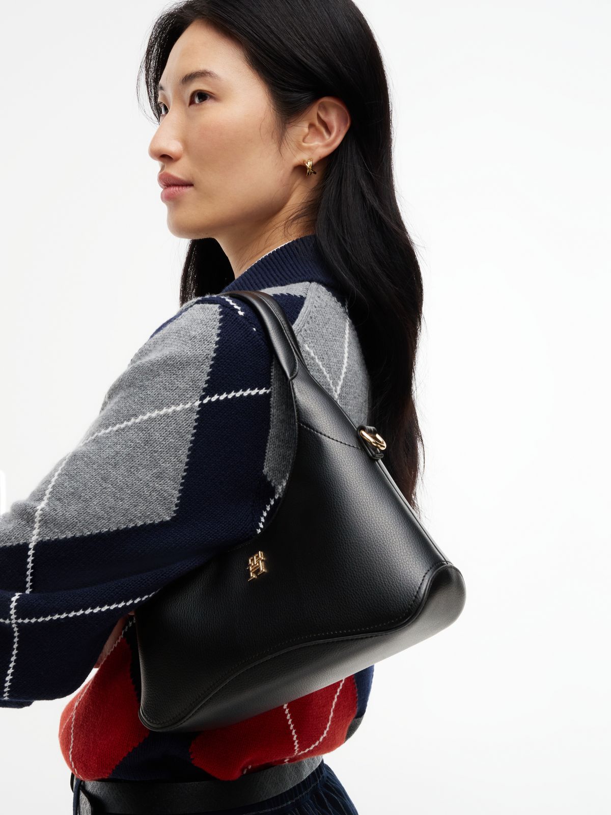 TH Monogram Plaque Crossbody Hobo Bag — Black