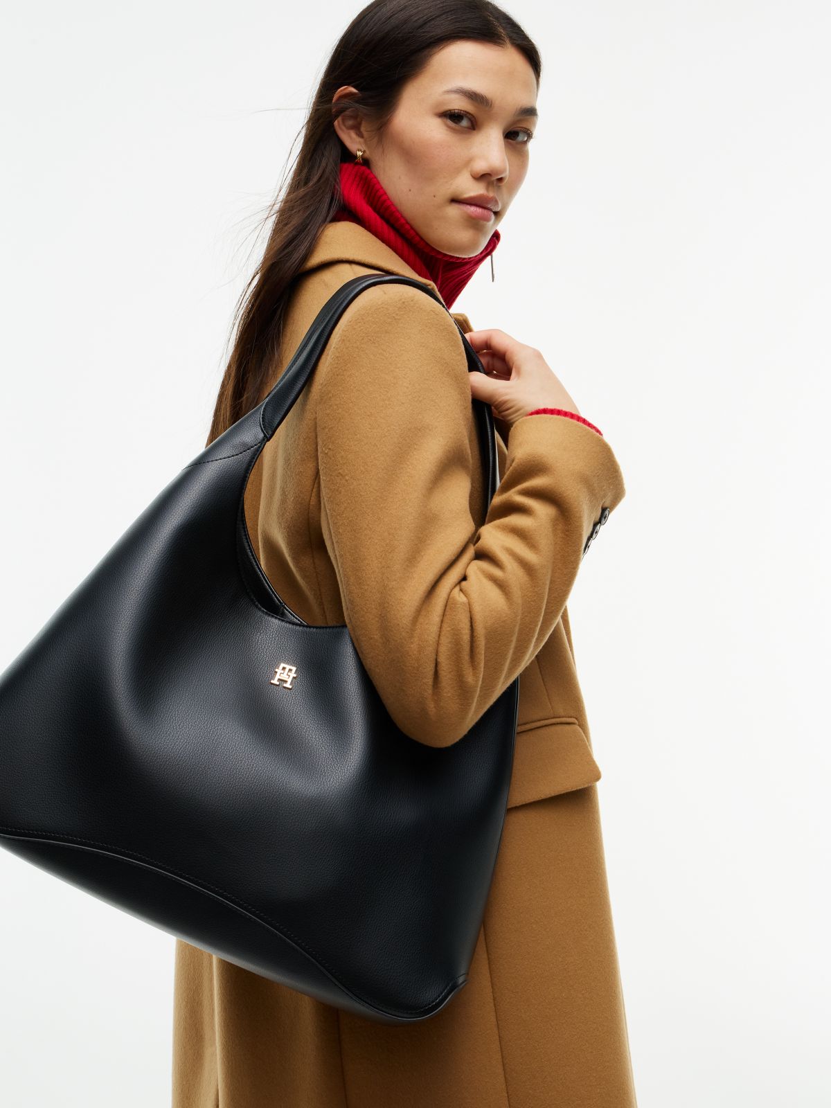 Zip Pocket TH Monogram Hobo Bag — Black