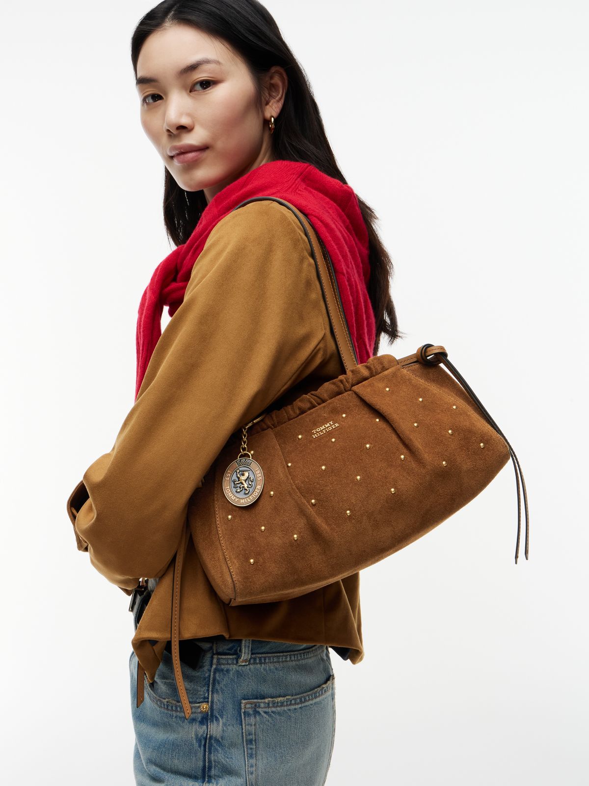 Soft Suede Studded Charm Shoulder Bag — Brown