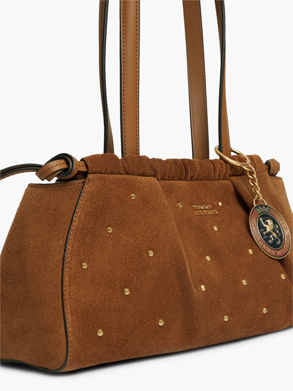 Soft Suede Studded Charm Shoulder Bag — Brown