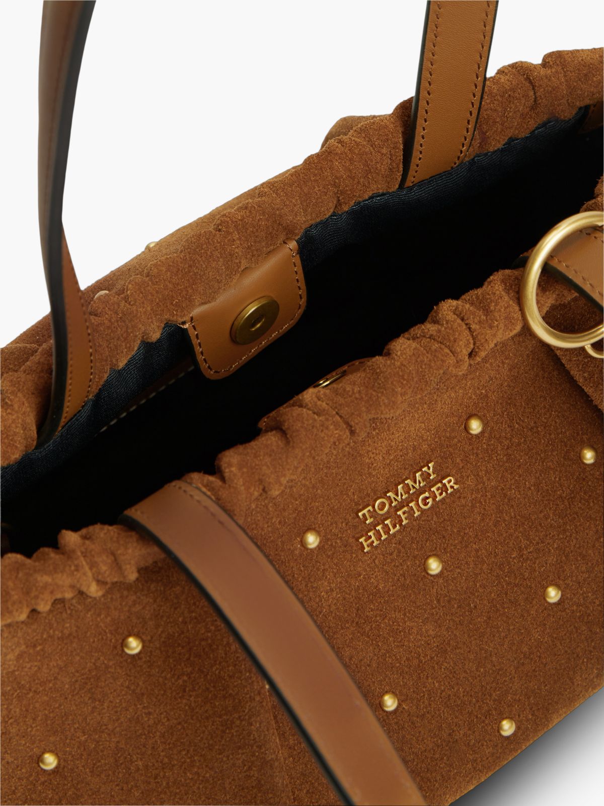 Soft Suede Studded Charm Shoulder Bag — Brown
