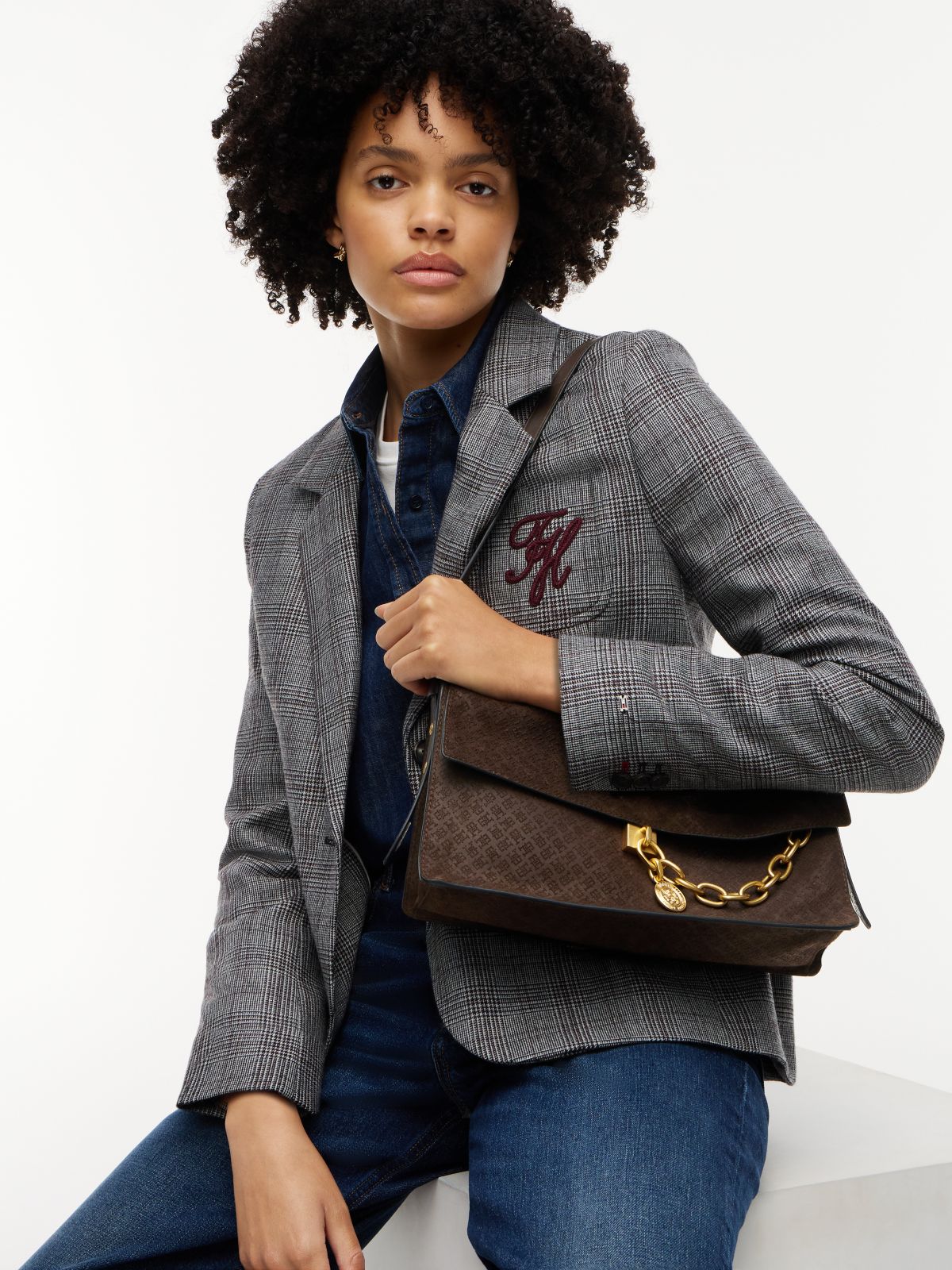 Suede TH Monogram Chain Shoulder Bag — Brown