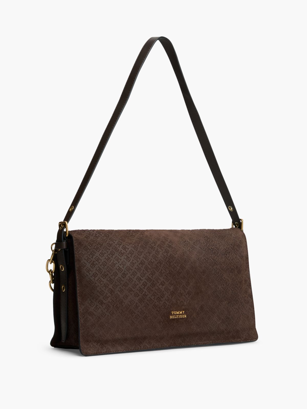 Suede TH Monogram Chain Shoulder Bag — Brown